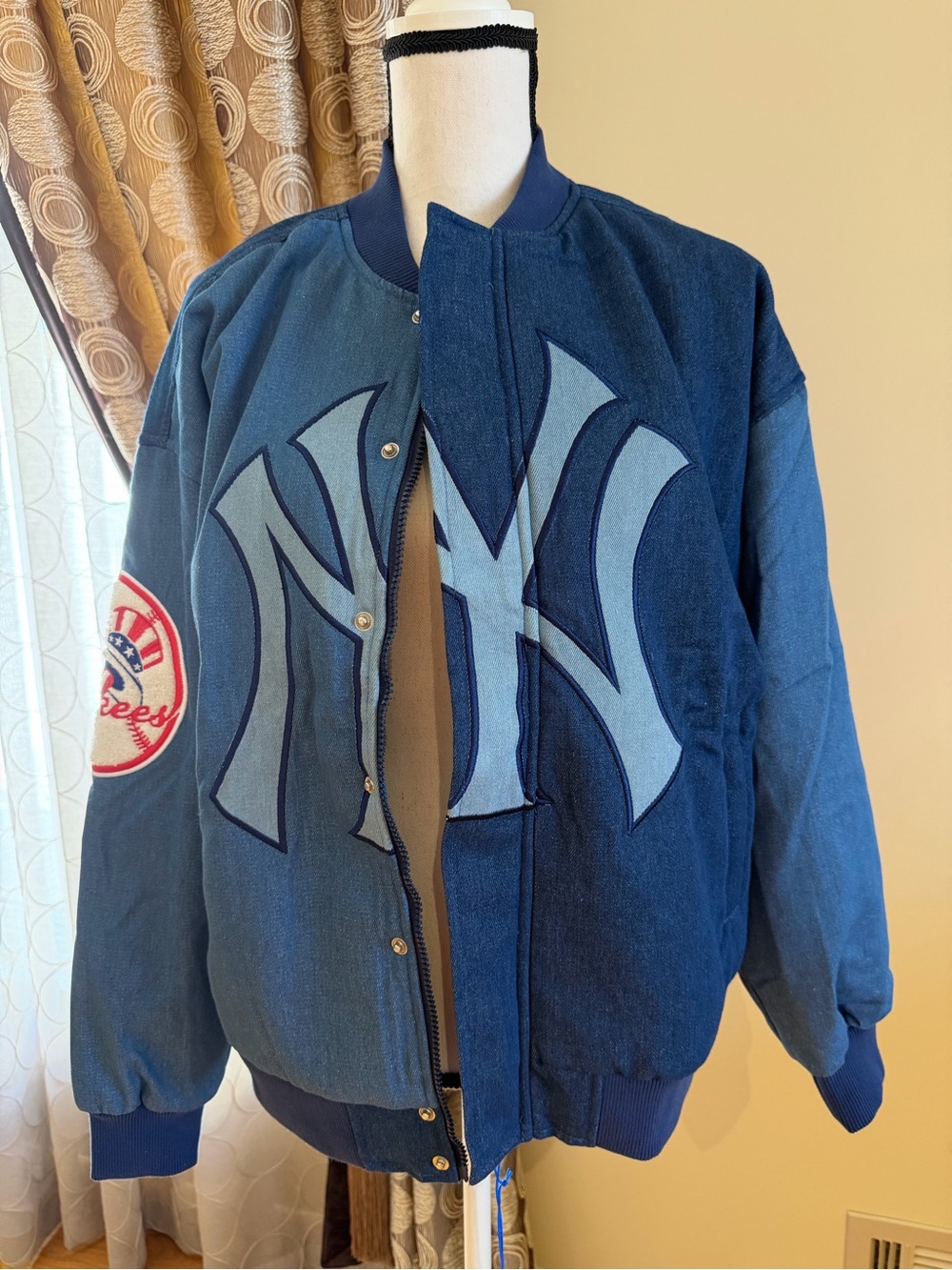 Women's New York Yankees Terez Blue Denim Blocked Bomber Jacket